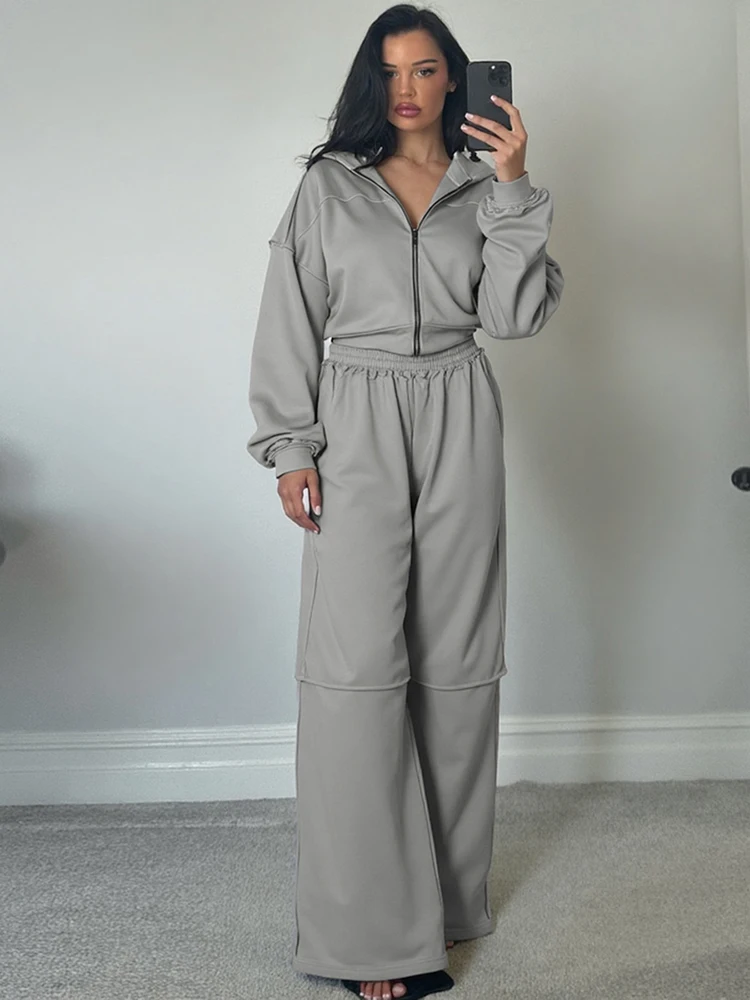 kliou Casual Fall Women 2 Piece Set Classic Solid Sporty Basic Zip-up Hood Coats+Straight Loose Pants Female Matching Tracksuits