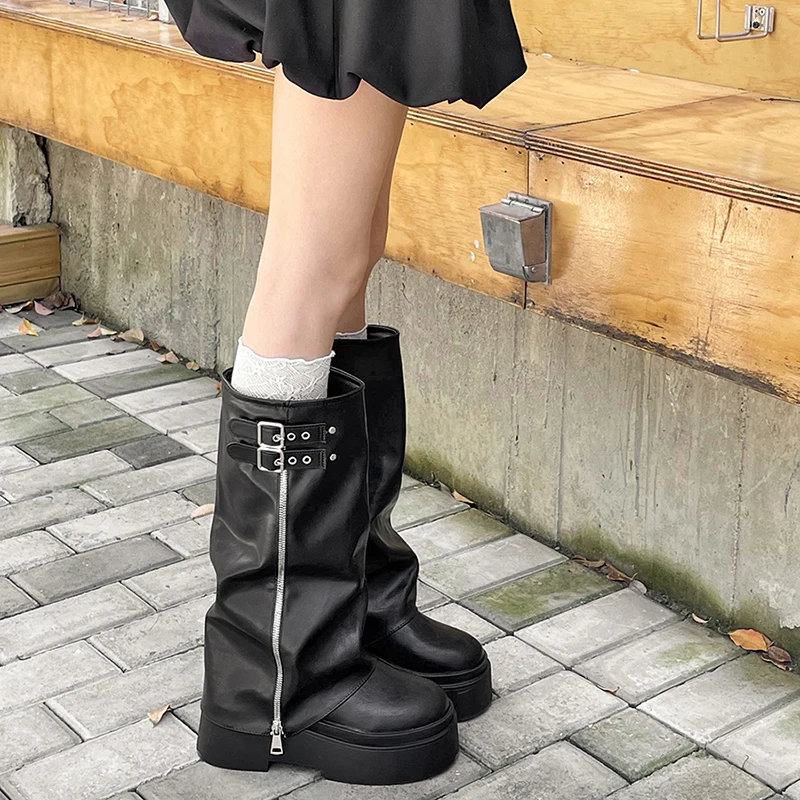 Vintage Platform Flats Women Knee High Boots Fashion Belt Buckle Shoes Autumn Winter Ladies Knight Long Booties