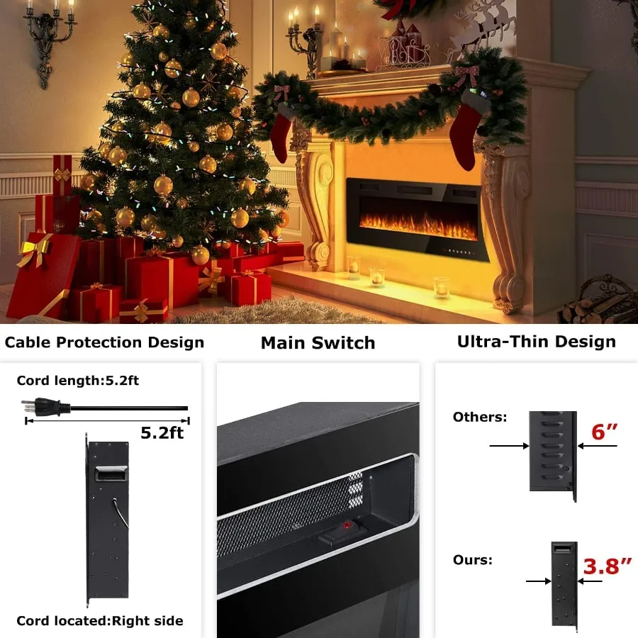 50 inch Ultra-Thin Electric Fireplace for Modern Home Decor: In-Wall Recessed and Wall Mounted Linear Design with Multicolor Fl