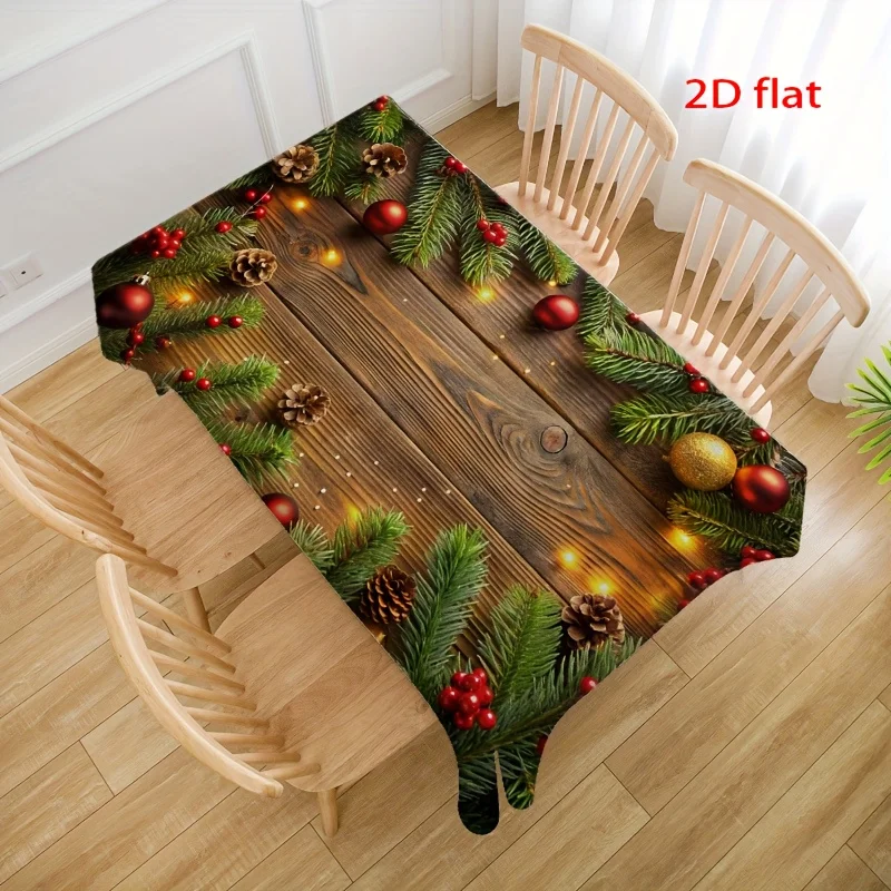 Tablecloth 1pc 2D Flat Christmas Tablecloth with Pinecone and Red Berry Pattern, 100% Polyester Fiber, Rectangular Table Cover,
