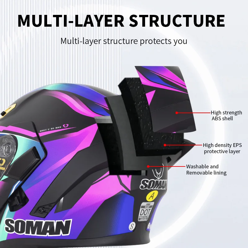 SOMAN Motorcycle Helmet Bluetooth Headset Dual Visor Lens Modular Helmets Motocross Full Face Capacete Cascos DOT Approved