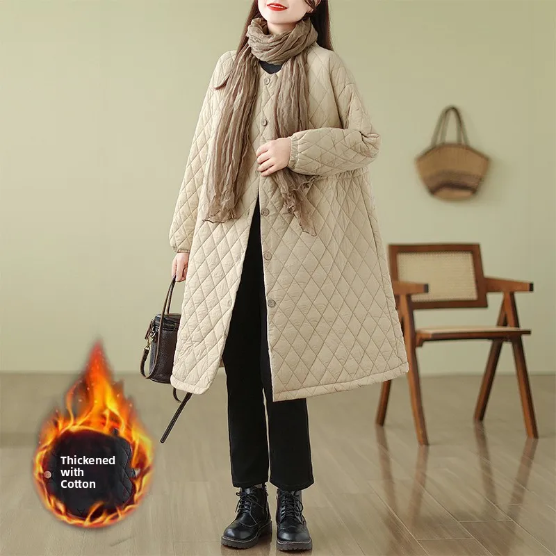 

plus Size Women's Cotton Jaet Autumn Winter Warm Waist-Cinching Coat Casual Loose Korean Sle round Ne Single Button