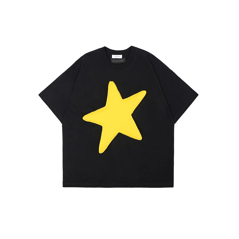 Couple 2025 Spring Summer New Contrast Color Tees Irregular Three-dimensional Big Five-pointed Star Tops Short-sleeve T-shirts