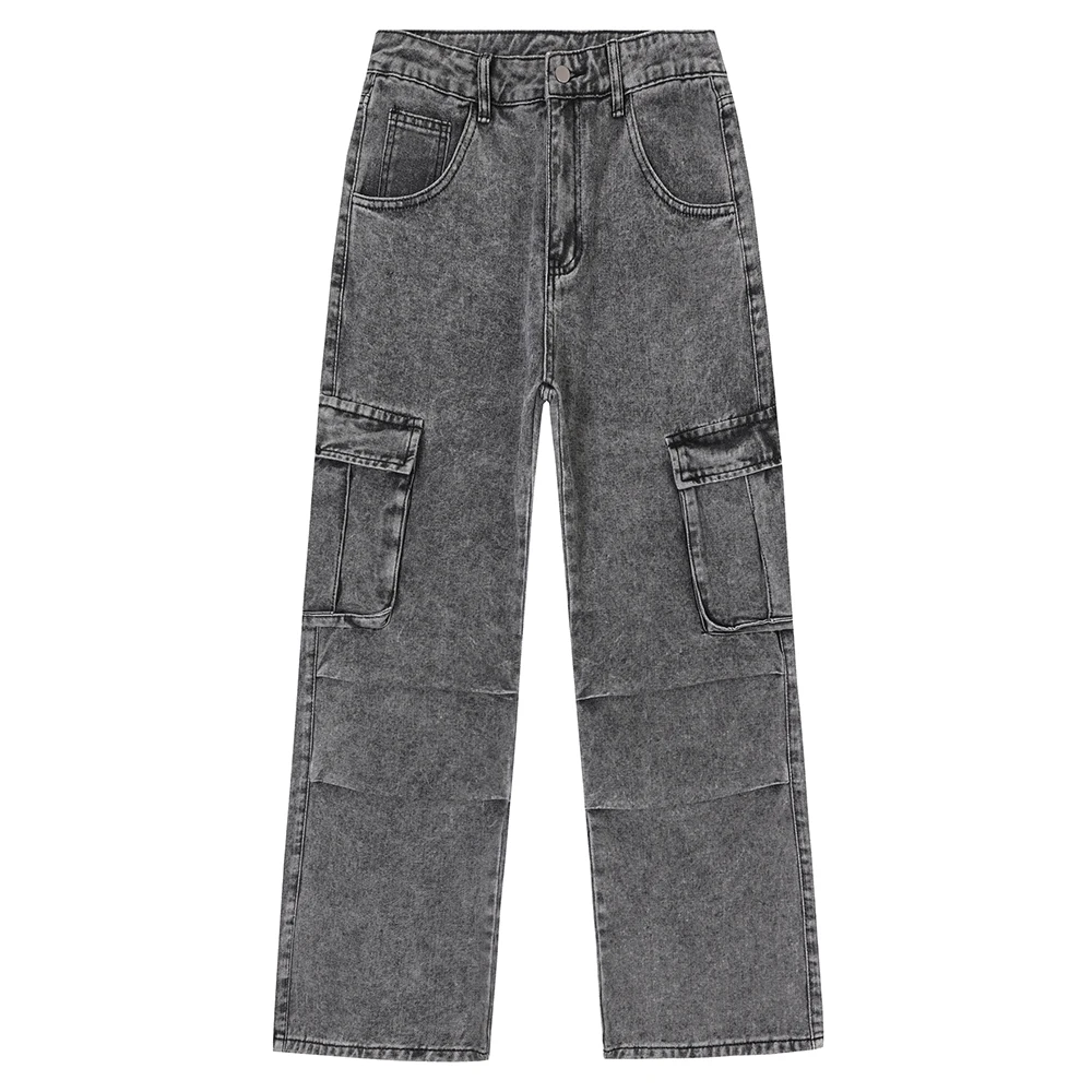 

Men's Cargo Denim Jeans Streetwear Loose Straight Baggy Pants with Pockets Gray Black Trousers