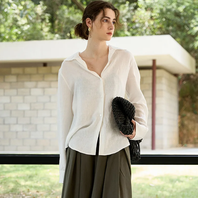 Camicie da donna vintage 100% lino manica lunga abbottonata colletto rovesciato High Street Fashion camicetta casual allentata da ufficio Lady Chic