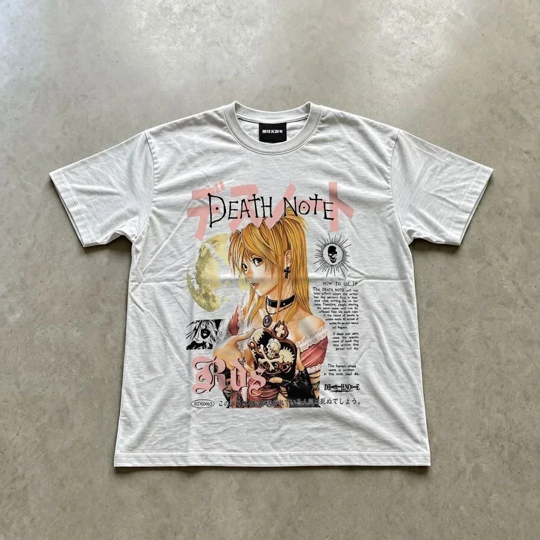 Trendy Vintage Death Note Print Oversized Loose Short-sleeved Cotton Men's and Women's Matching Casual Round-neck Top