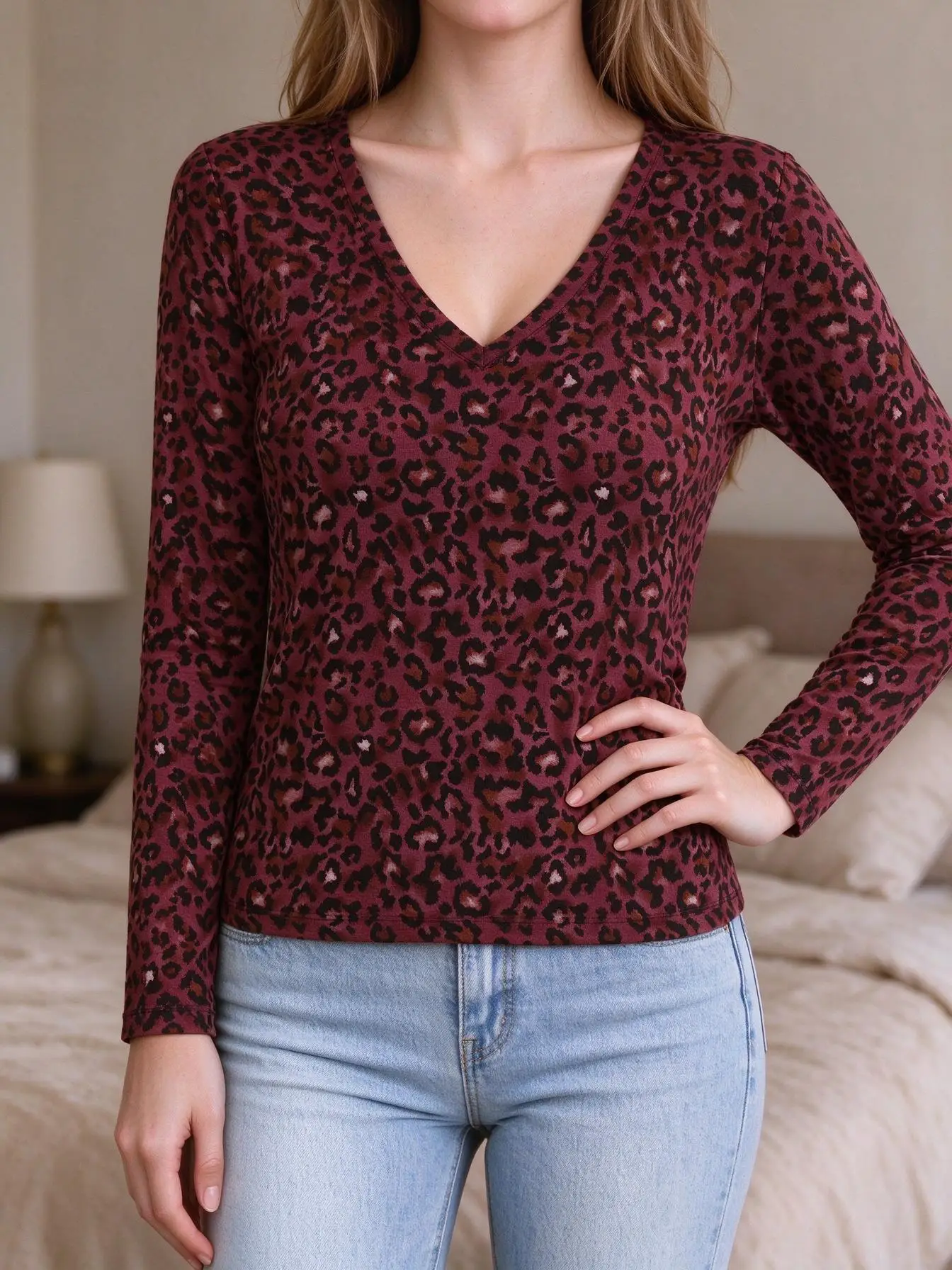 Women V Neck Long Sleeve T-shirt Beige Leopard Print Casual Tee Tops
