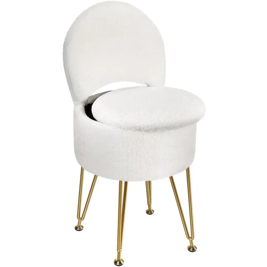 

Vanity Stool Chair with Storage and Folding Back, 15.7 x 15.7 x 19.5 Faux Fur Soft Ottoman for Adults, 4 Metal Legs with AntiSli