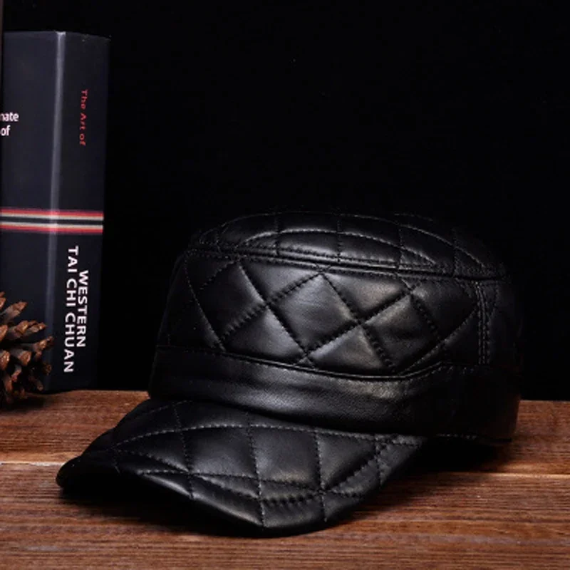 

Real Leather Hats Autumn Winter Genuine Sheepskin Flat Top Military Caps For Man Plaid Rectangle Embroidered Warm Gorras