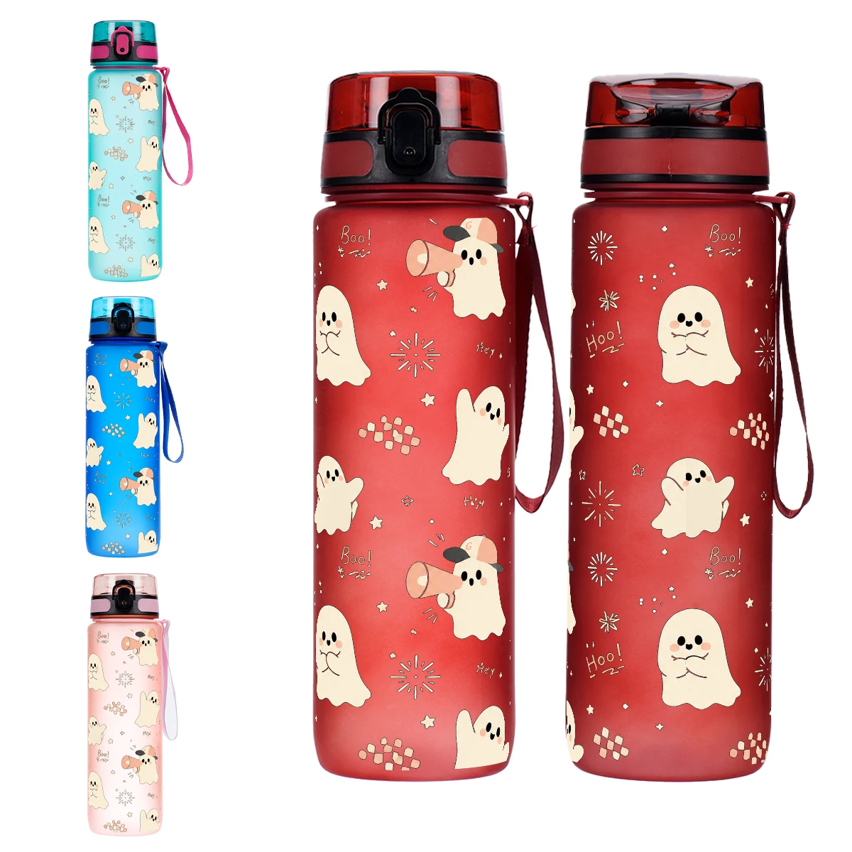Cute Halloween Ghost Print Water Bottle Leakproof Plastic Drinking Cup,Portable Travel Outdoor Back To School Water Mug