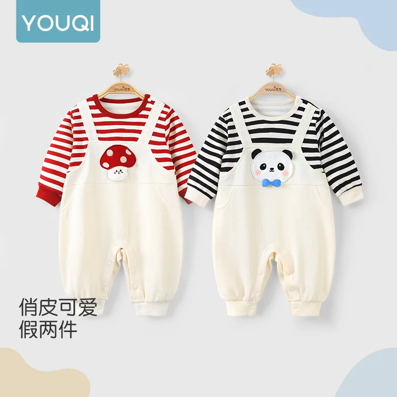 【Youqi】ملابس أطفال صينية نمط الخريف رومبير بأكمام طويلة مكون من قطعتين بدلة بحمالات ملابس خارجية بدلة زحف