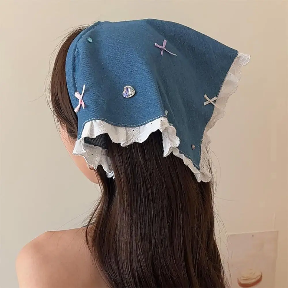 

Vintage Korean Denim Triangle Headscarf Crystal Polka Dot Lace Hair Band French Bowknot Women Hair Scarf Children