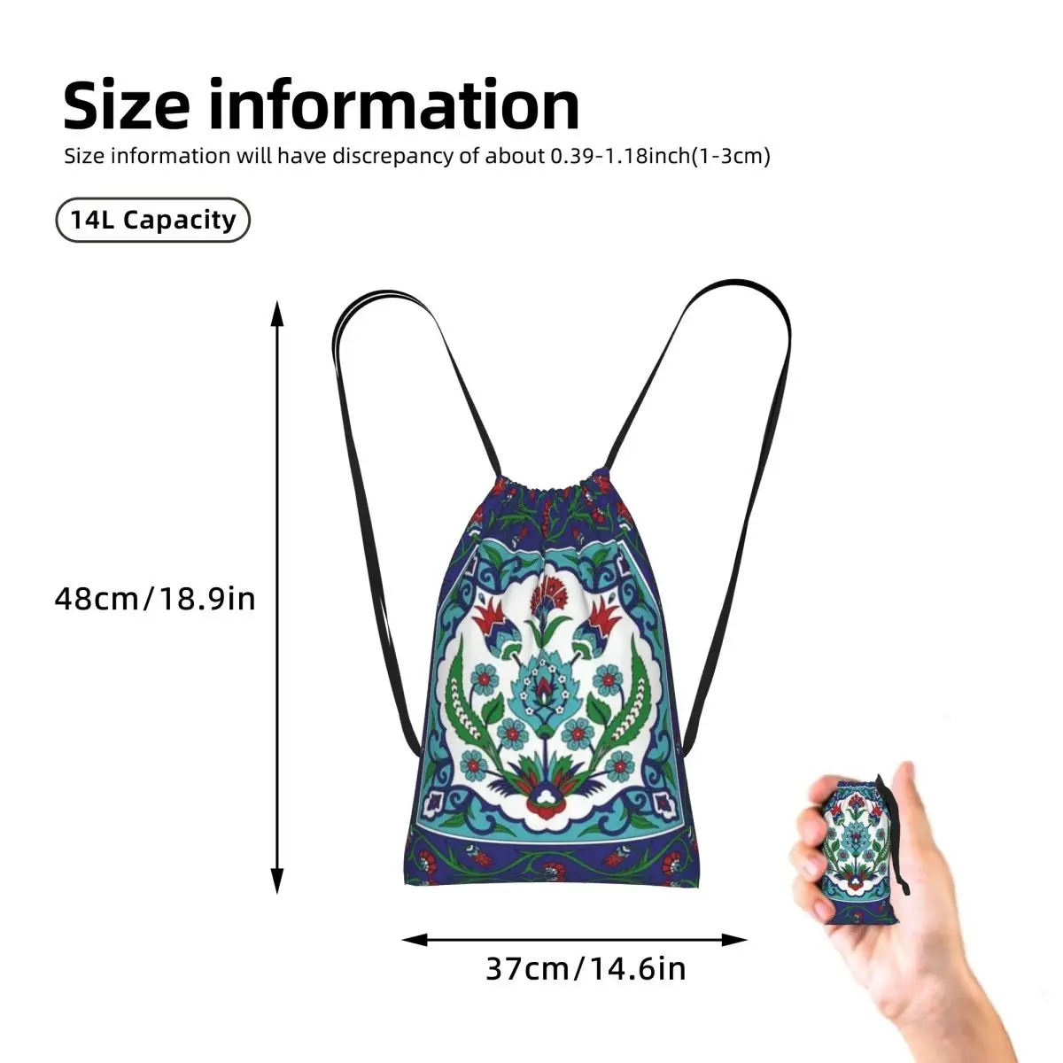 Turkish Tile Pattern Vintage Iznik Cer Drawstring Backpack hiking cycling Bag Lightweight Storage Drawstring Bag for Men Women