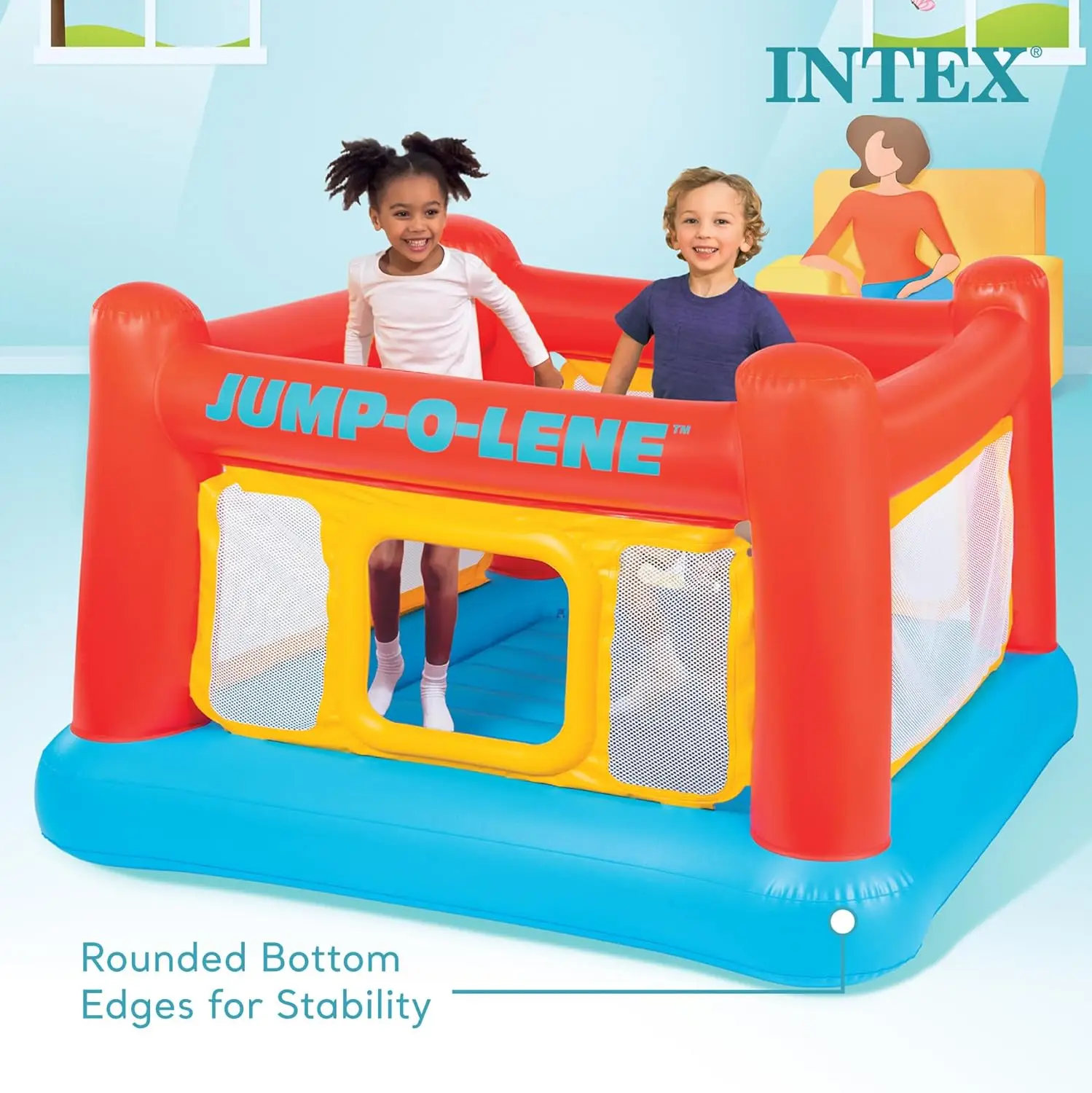 Intex matras tiup untuk anak-anak, rumah Kastil pantul trampolin dalam ruangan atau luar ruangan dengan pintu dan jaring merangkak melalui