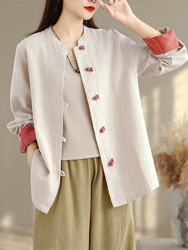 เสื้อผ้าสไตล์จีนโบราณ ผ้าฝ้ายลินิน แขนยาว ไซส์ใหญ่ สำหรับผู้หญิง ปกตั้งติดกระดุม สไตล์เซน ชุดชงชา เสื้อคลุมใส่ในฤดูใบไม้ร่วง