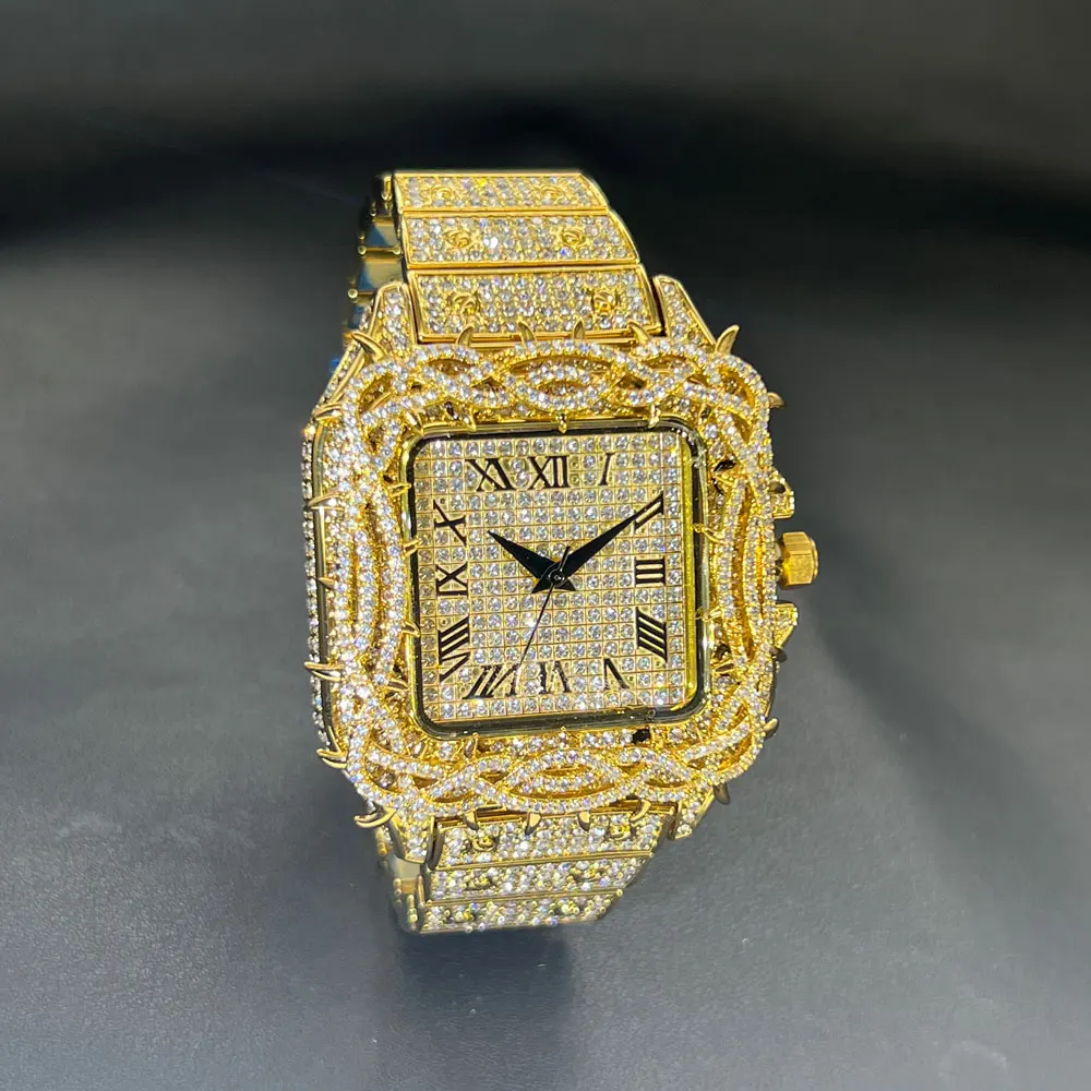Watch For Men Fashion Luxury Gold Square Diamond Full Sky Star Male's Clock Watches New Skeleton Flower Quartz Wristwatch 2025
