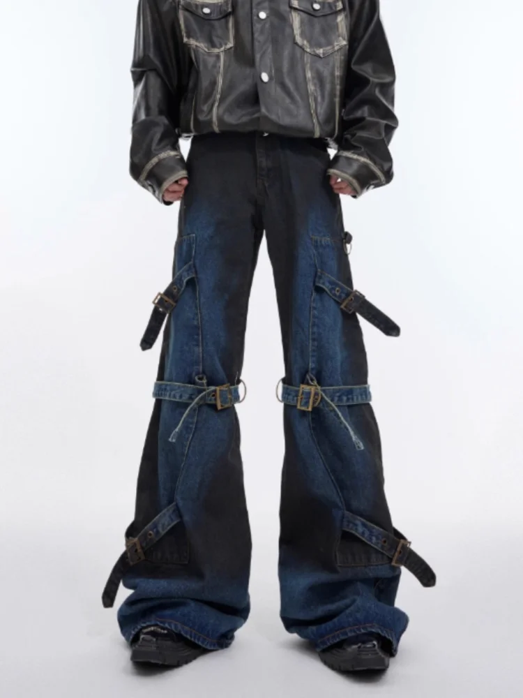 

2025 Dark Y2K Streetwear Strap Design Blue Baggy Flare Jeans Pants For Men Clothing Hip Hop Punk Gothic Denim Trousers Vaqueros