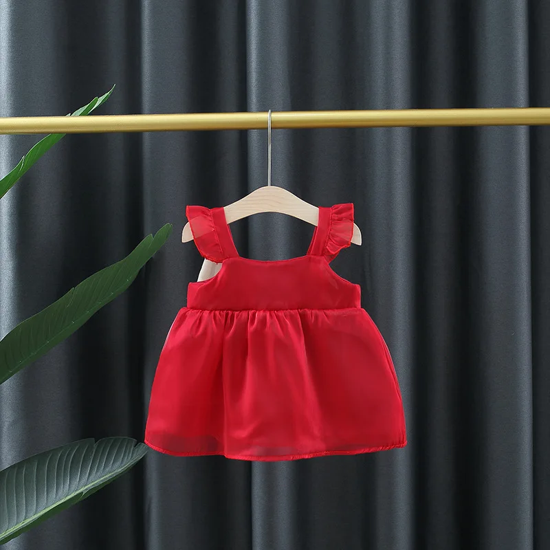 New Summer Girl Dress Sweet Solid Color Big Bow Flying Sleeves Mesh Dress Princess Dress Suitable for 0-3 Year Old Babies