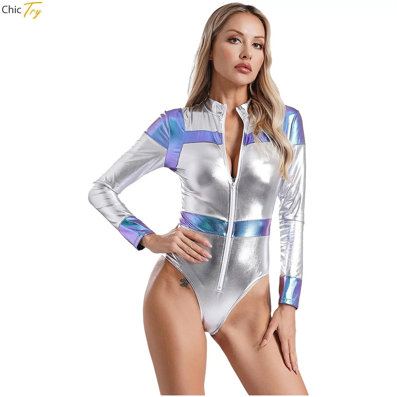 Halloween Astronaut Cosplay Costume Women Space Cadet Bodysuit Rave Party Long Sleeve Shiny Metallic Alien Robot Catsuit Leotard