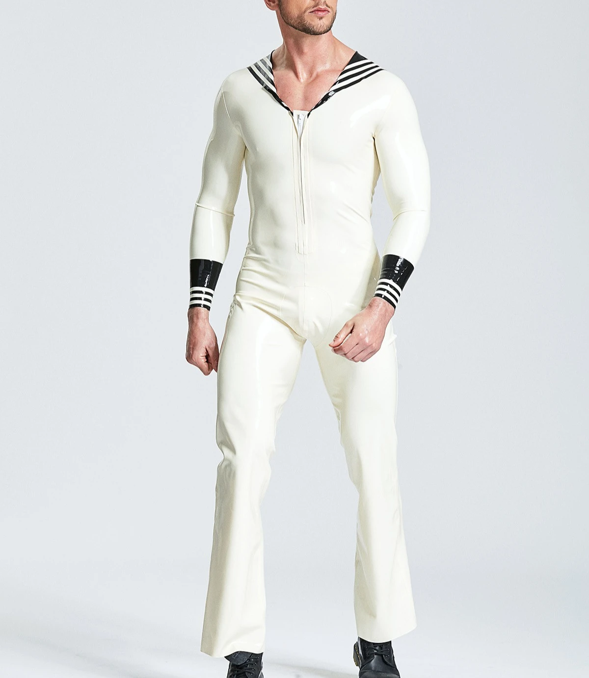 

customized rubber catsuit men's white latex sailor jumpsuit black accents long sleeve zip front rubber bodysuit fashion