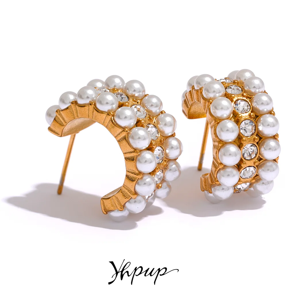 Yhpup Imitation Pearl Cubic Zirconia Stainless Steel Hoop Earrings for Women Korean Ear Pendants Gold Color Jewelry Pendientes