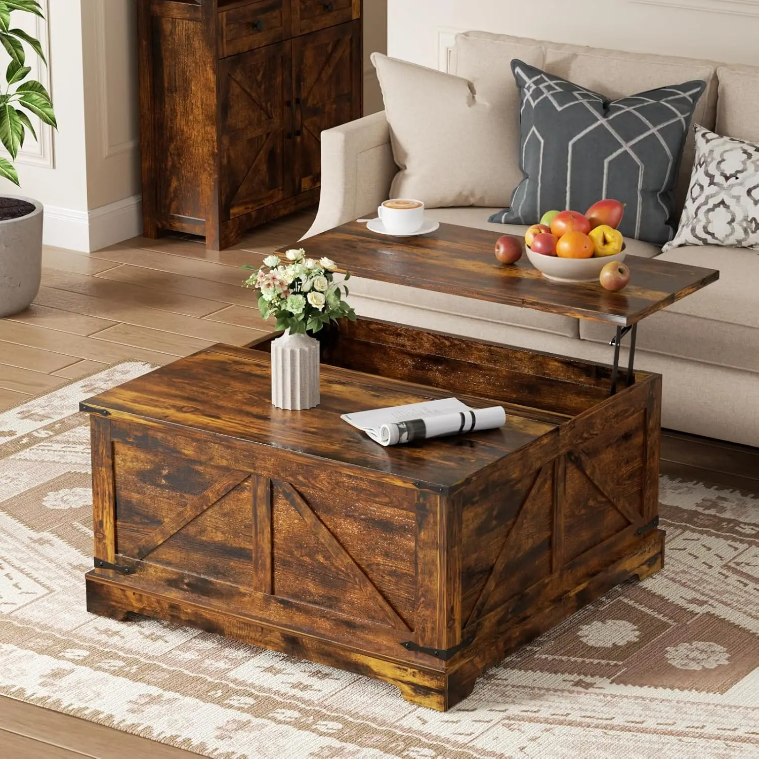 

Coffee Table with Hidden Storage, 35.4" W Farmhouse Lift Top Wood Square Center Table with Charging Station, Rustic, Customized