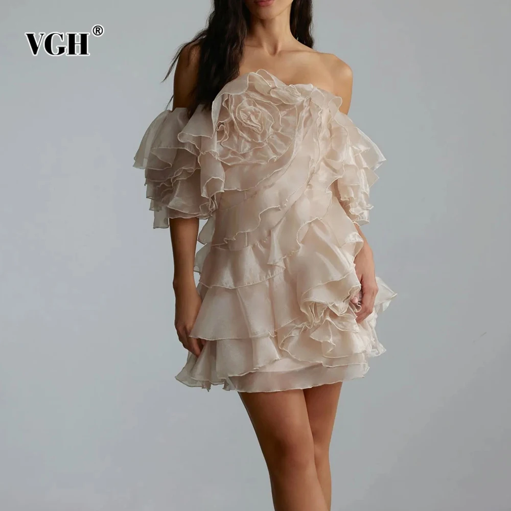 

VGH Vintage Slimming Folds Mini Solid Dresses For Women Slash Neck Off The Shoulder Sleeve High Waist Designer Dress Female New