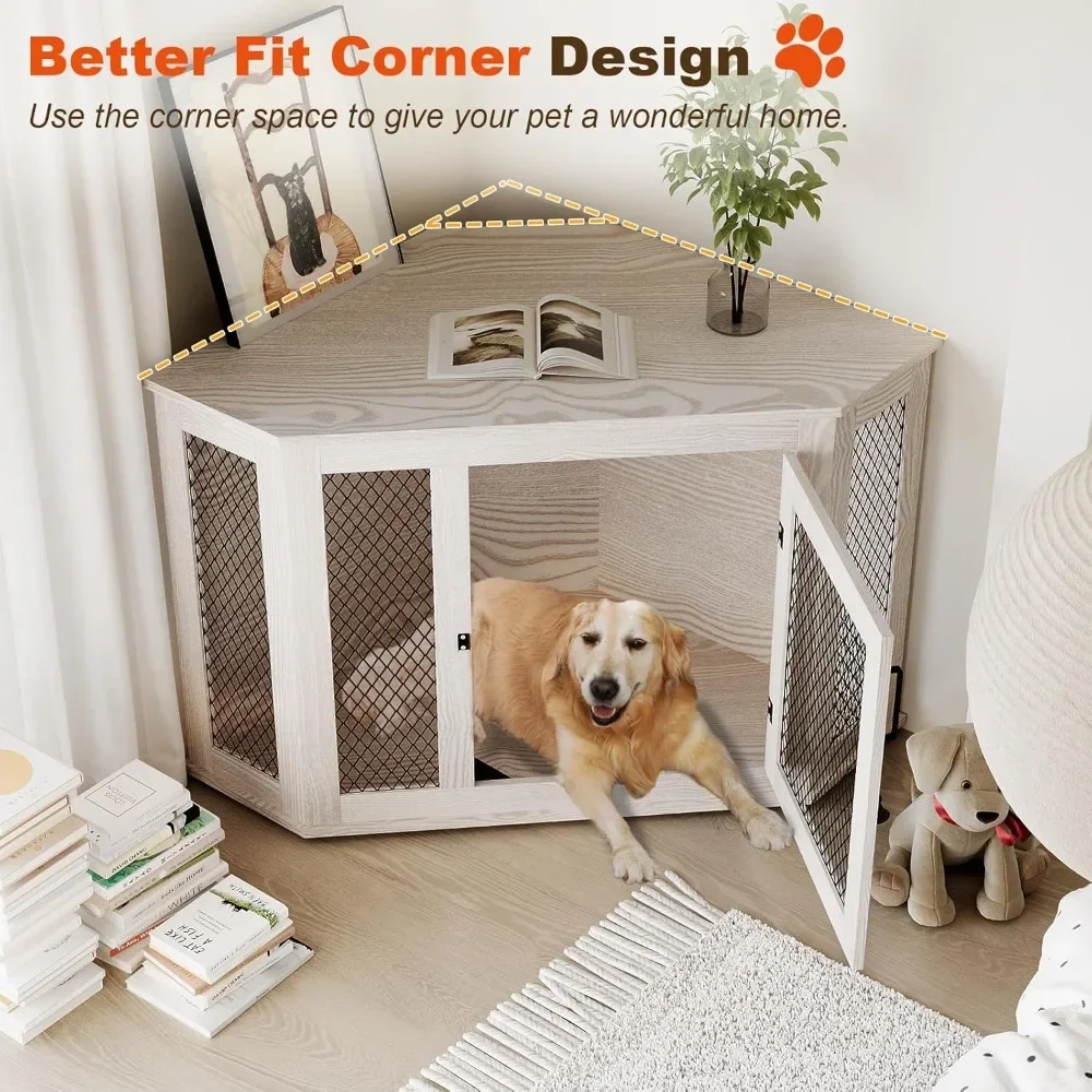 

52 inch Corner Dog Crate Furniture, Wooden Dog Kennel End Table with Mesh Panels, Decorative Indoor Pet Crate Side Table