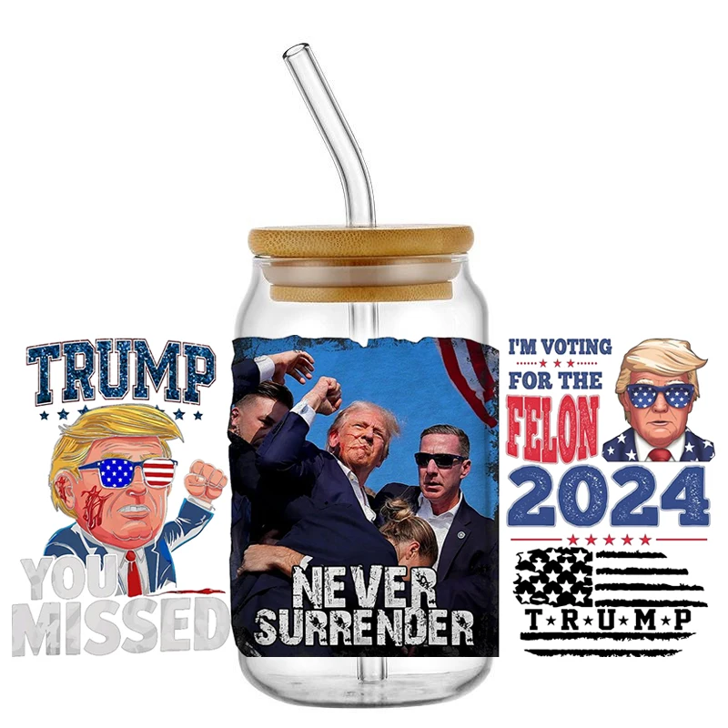 Trump 2024 American President MAGA Mixed 13 New Design UV DTF Cup Mug Wraps Sticker 3D Decal For 16oz Libbey Glass