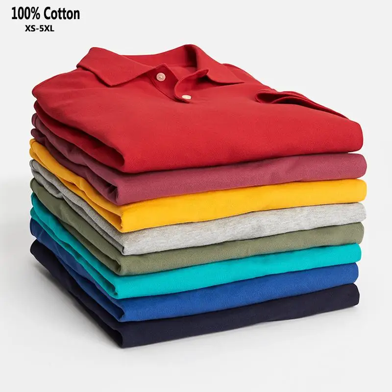 Men\'s Shirt XS-5XL Summer 100% Cotton Solid Color Classic Mens Polo Shirts Short Sleeve Casual Polos Hommes Tops Lapel Clothing