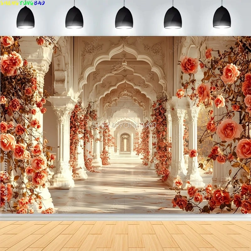 

Grand White Floral Archway Photography Backdrops Church Luxurious Wedding White Room With Flowers Window Photo Background HL-04