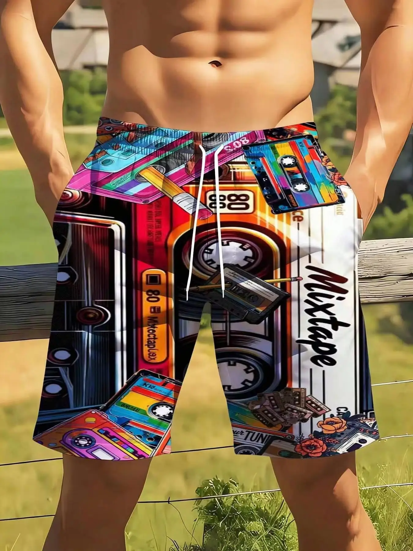 

Retro Mixtape Cassette Tape Print Swim Trunks Big Size Suitable For Casual And Sports Wear Colorful Vintage Audio Tape Design Men's Beach Sh