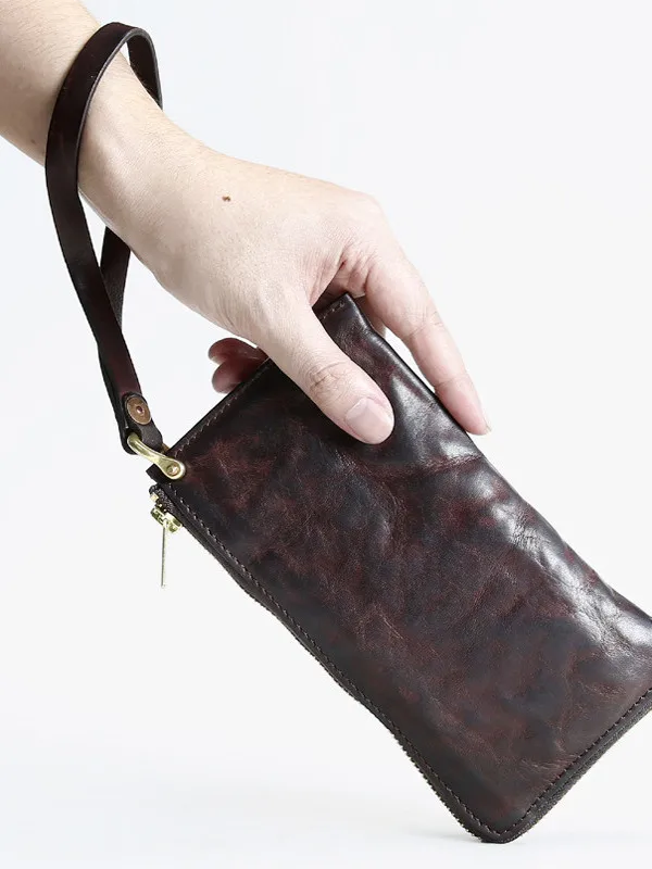 

PNDME fashion vintage high quality genuine leather men's women's clutch bag simple designer cow leather ID multi-card wallet
