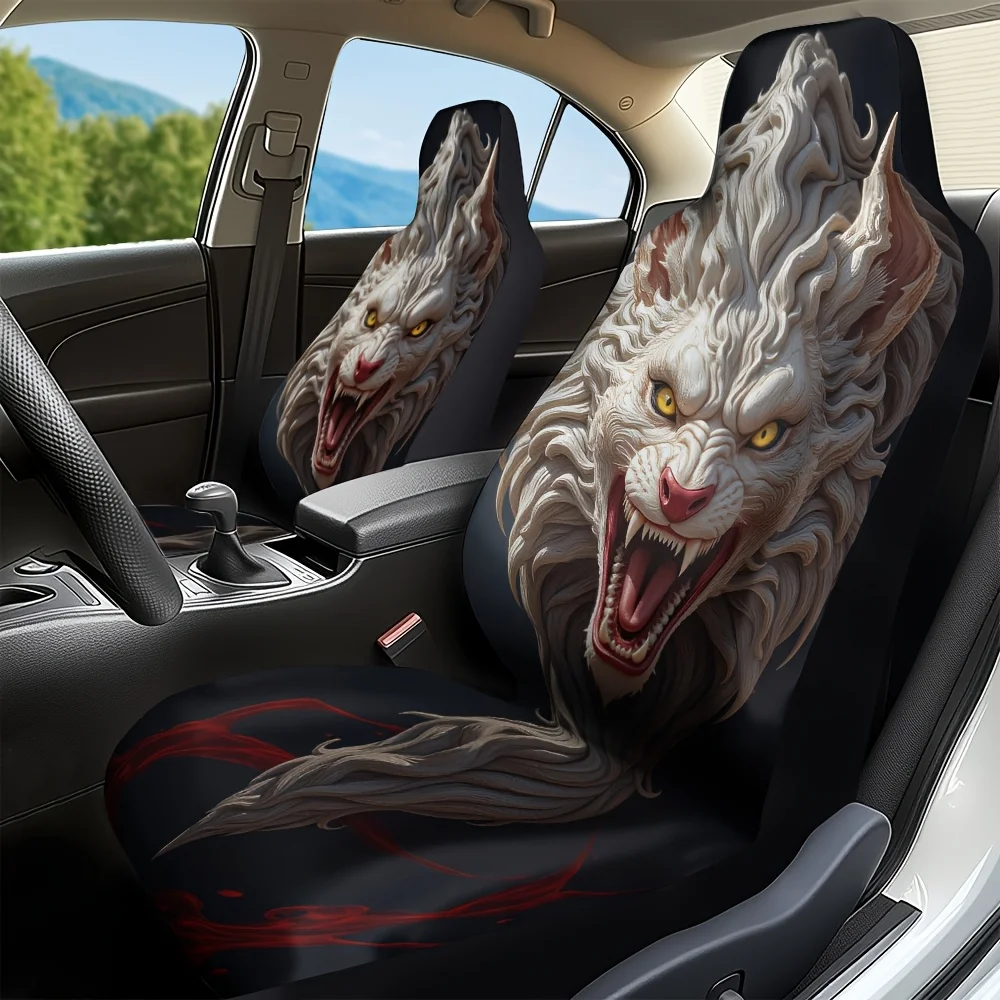 2pcs Wolf Car Seat Covers - Realistic Wolf Design With Red Eyes & Fur, Fit For Single Front Seats, Durable Polyester, Machine Wa