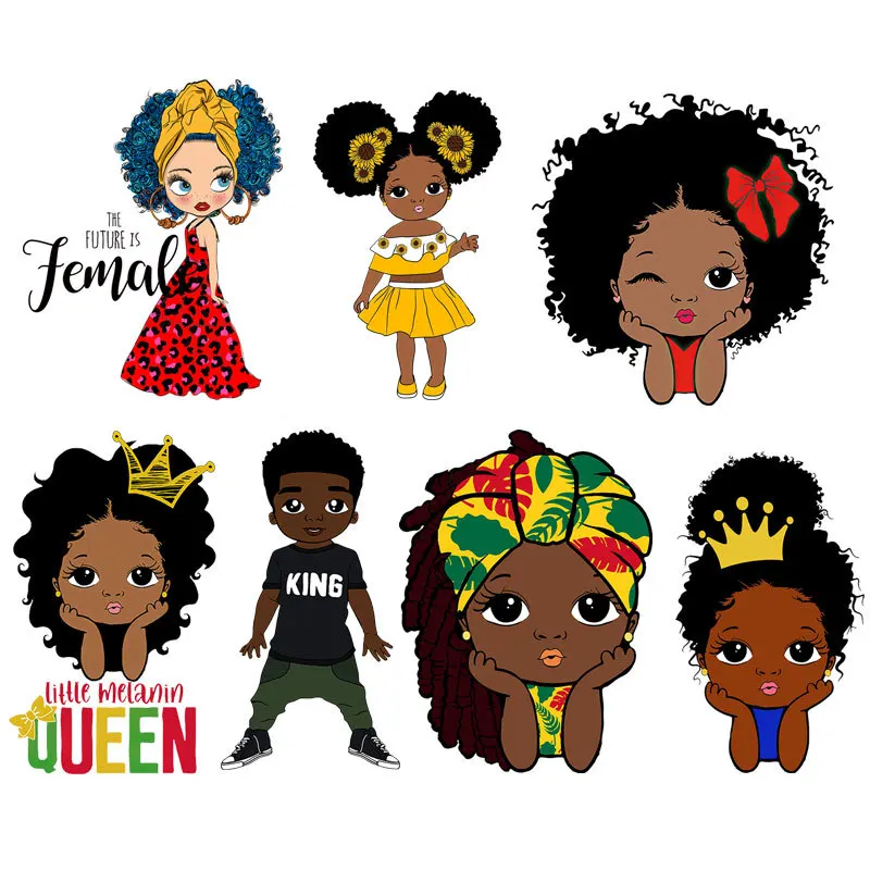 Cartoon cute African little girl Heat Sticker On Clothes DIY Washable Iron On Transfer For Clothing Bag Patch Appliqued