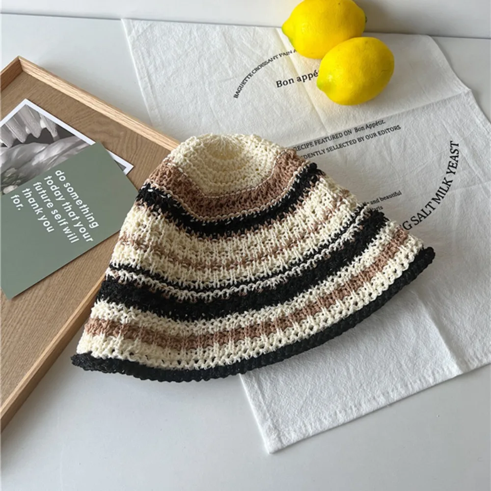 Sombrero de pescador a rayas de arcoíris a la moda, aleros grandes, protección UV, sombrero de cubo de ganchillo, gorra de cubo de paja transpirable Multicolor para verano
