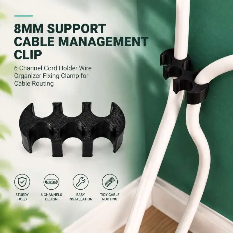 8mm Support Cable Management Clip 6 Channel Cord Holder Wire Organizer Fixing Clamp for Cable Routing