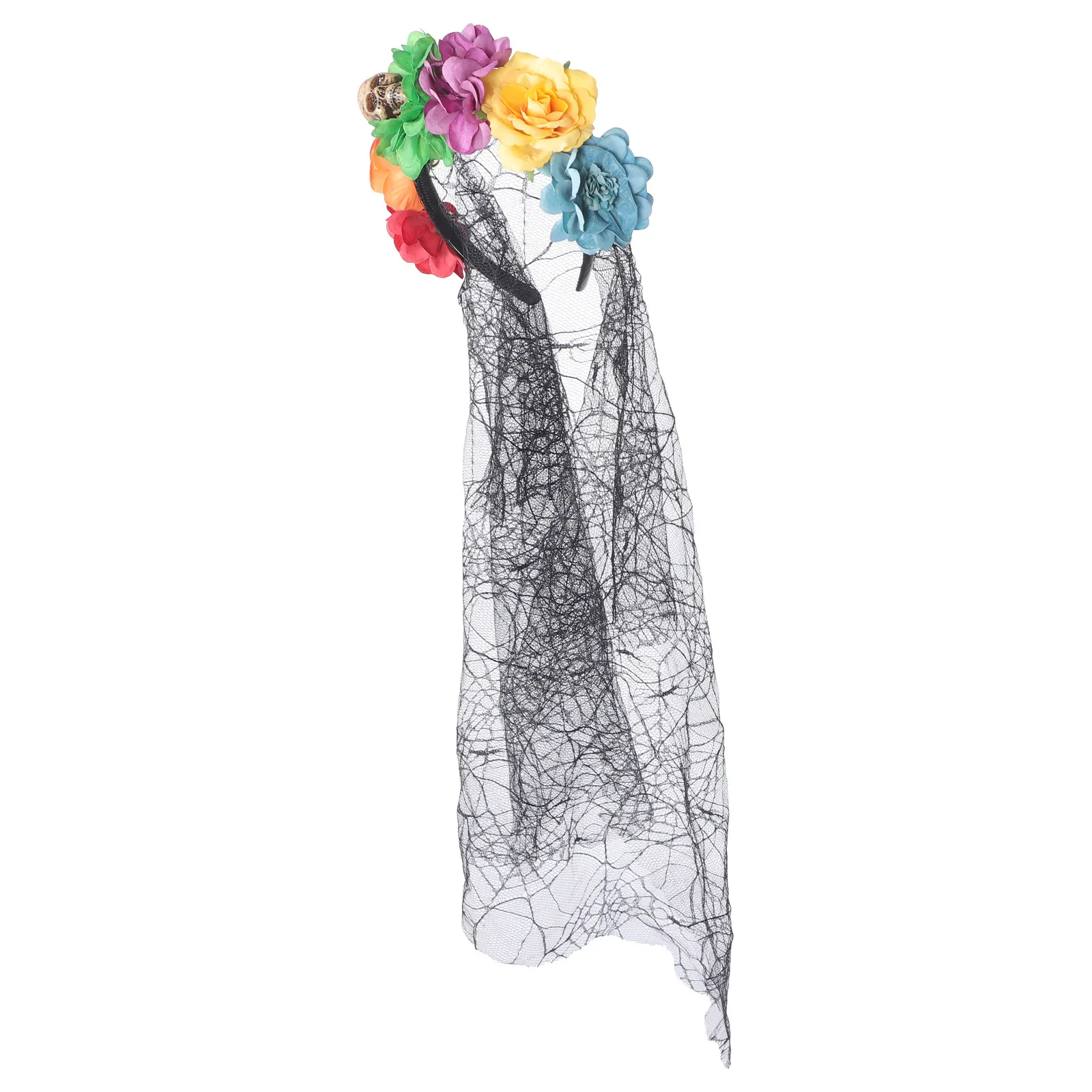 

Halloween Skull Headband with Black Veil and Artificial Flowers for Women Party Cosplay Costume Accessory Hair Band Decor