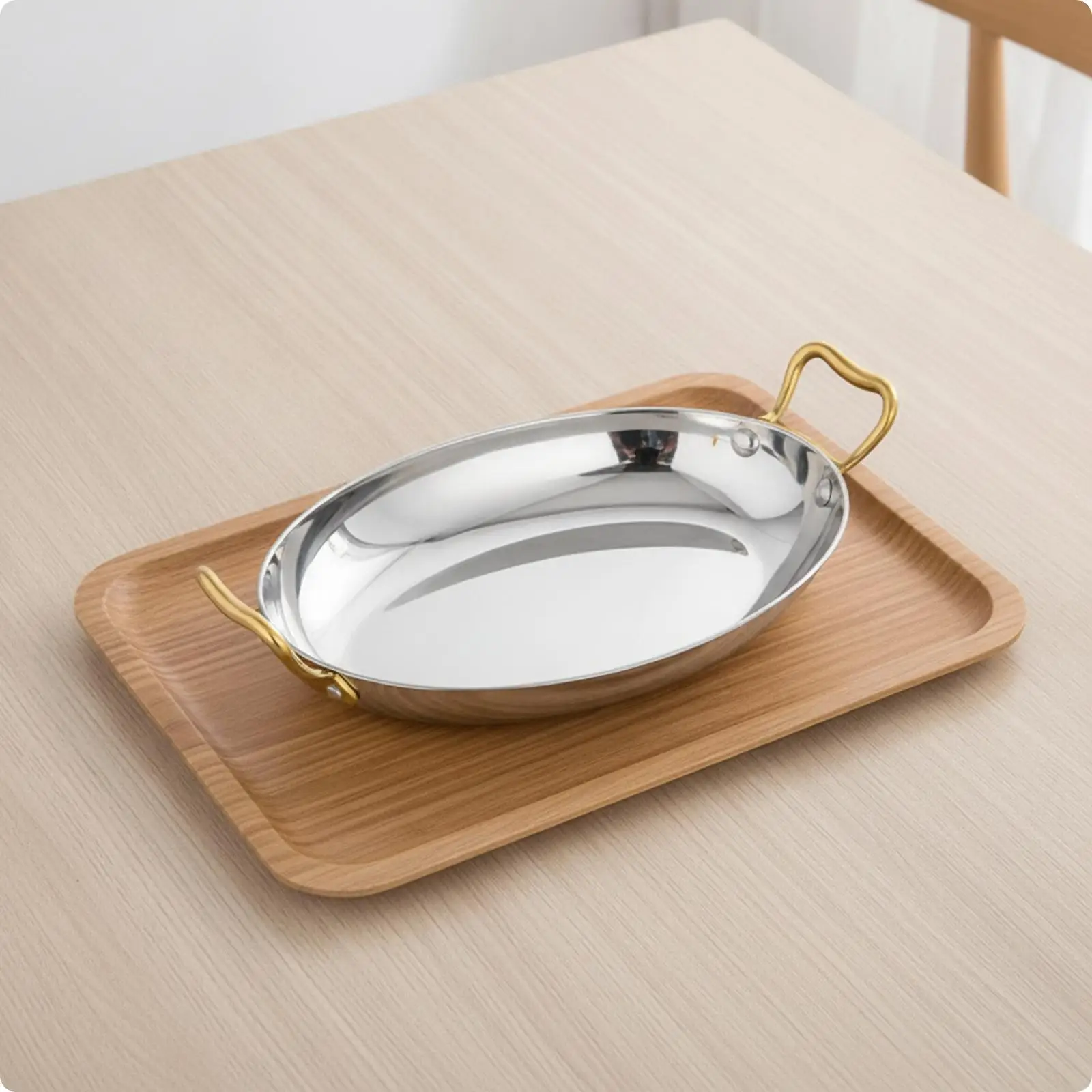 Egg Shape Oval Pan Stainless Steel Cookware for Steak Seafood and Pasta with Side Handles for Serving Dish