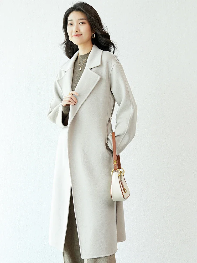 

Double sided cashmere coat women's mid length 2023 new high-end slim fit autumn and winter long woolen coat with Australian wool