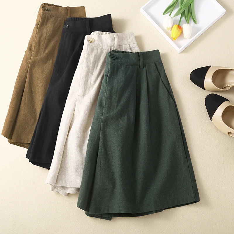 

Retro Japanese Sle Linen Wide Leg Five-Quarter Pants Casual Suit Middle Pants Breathable Cotton Linen orts Women Summer