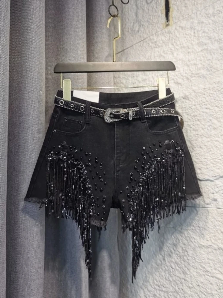 Shorts Summer 2026 High Waist Slimming Lightweight Breathable Heavy Beads Sequins Fringe Denim For Women Sexy Sparkly Hot Pants
