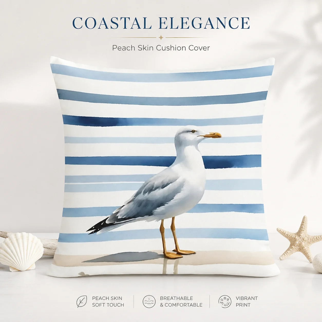 

Watercolor Seagull Coastal Striped Pillowcase Peach Skin Nautical Ocean Bird Cushion Cover For Sofa Living Room Bed Decor