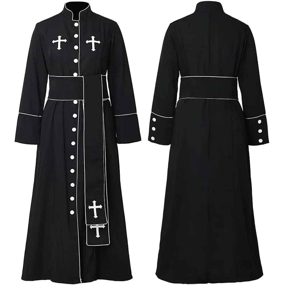 Costume de Prêtre Noir et Noble, Robe d'Église Médiévale, Veste à Col Montant, Magicien de Sorcière, Everak, Vêtements de Vampire d'Halloween