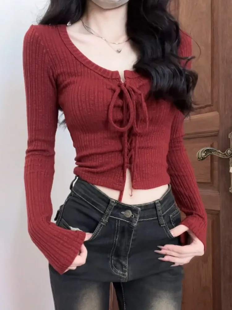 

Red Bow Tie Long Sve T-irt Women's Autumn Winter New Sle Inner Wear Base irt Unique Beautiful Chic Top for Commuting