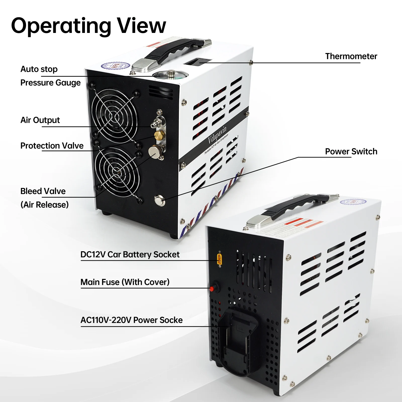 New Arrival 18V White  30Mpa 4500psi 300bar Auto Stop  Lithium Battery No Oil/Water Car   Air Compressor