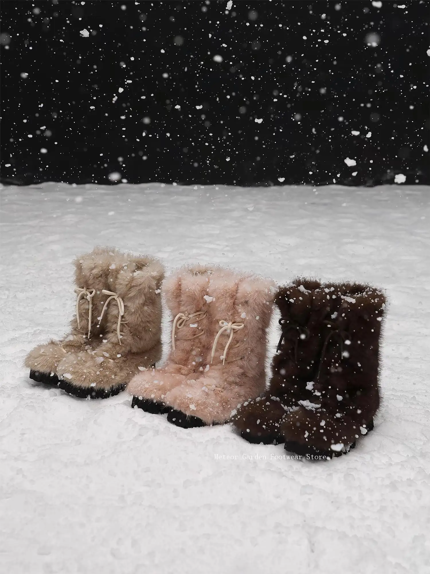 Ladies Lovely Fur Knee High Height Increasing Platform Boots Spice Girl Cross Lace Up 2025 Winter New Warm Snow Boots for Women