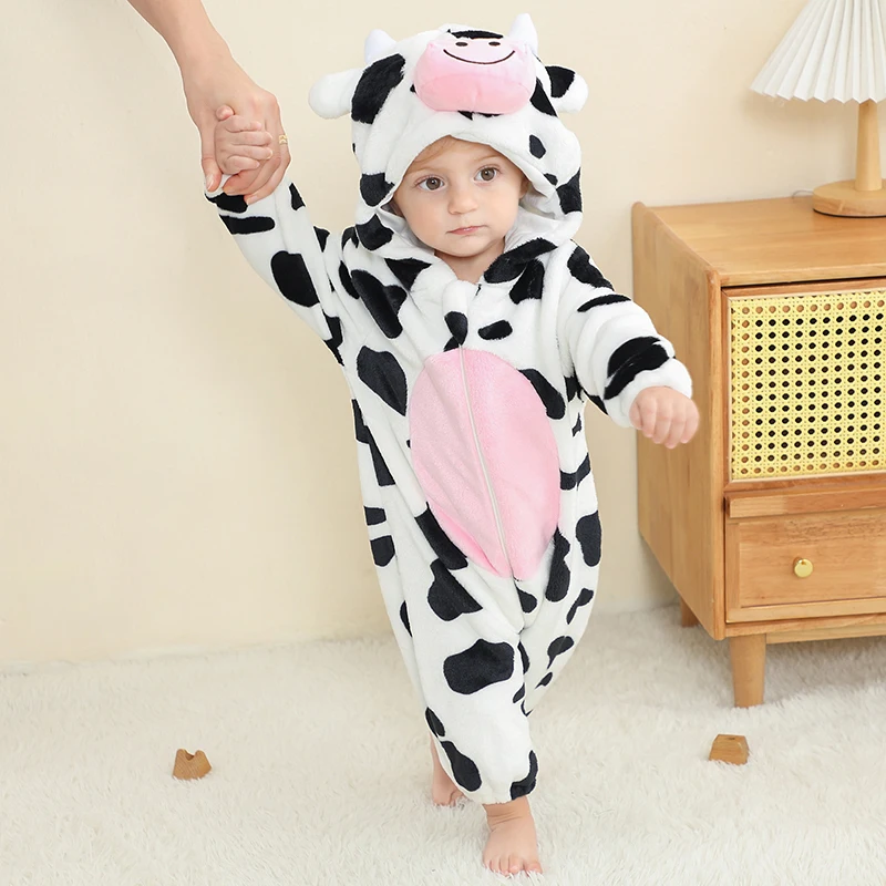 MICHLEY Halloween Cute Cow Flannel Baby Rompers Winter Clothes Costume Hooded Bodysuits Pajamas Animals Jumpsuit For Girls Boy