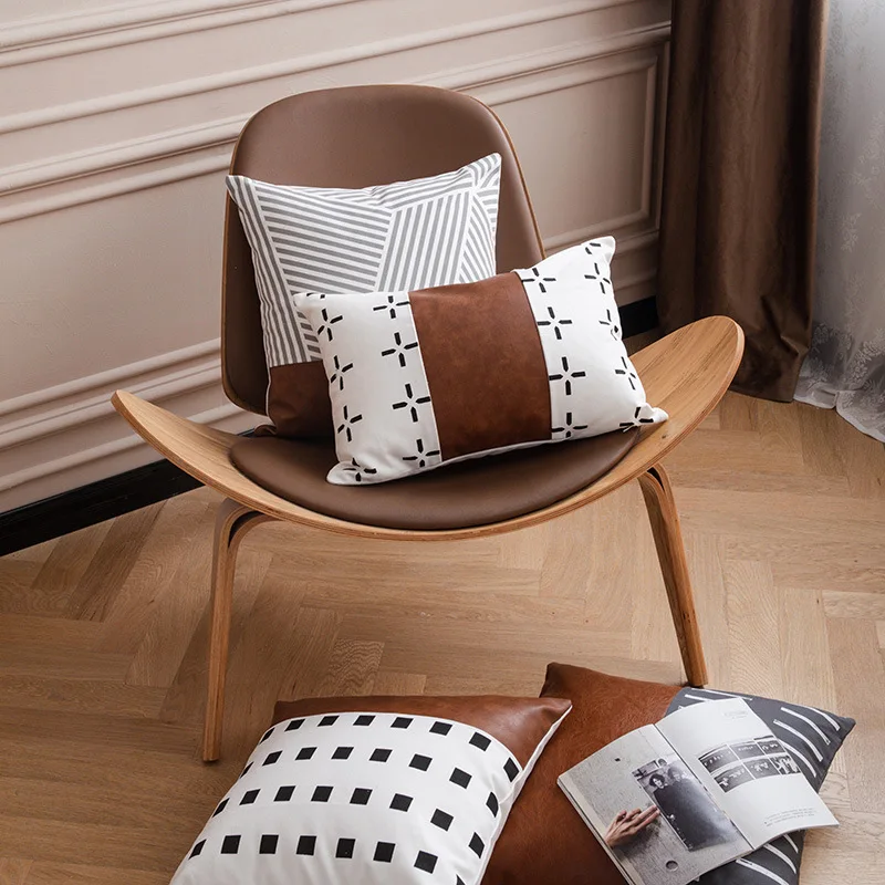 INS Best Seller Nordic Leather Canvas Patchwork Throw Pillow 45x45cm Modern Minimalist Lumbar Support Cushion for Sofa Bed