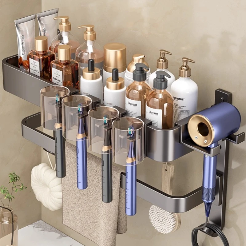 ‌Removable Toothbrush Holder, No-Drill Wall-Mounted Towel Rack, Hair Dryer Hanger, Multi-Compartment Bathroom Organizer